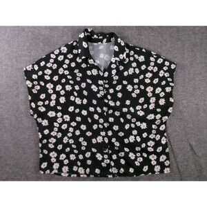 Shein Top Women Medium Black Ditzy Floral Daisy Button Up Short Sleeve Flowy